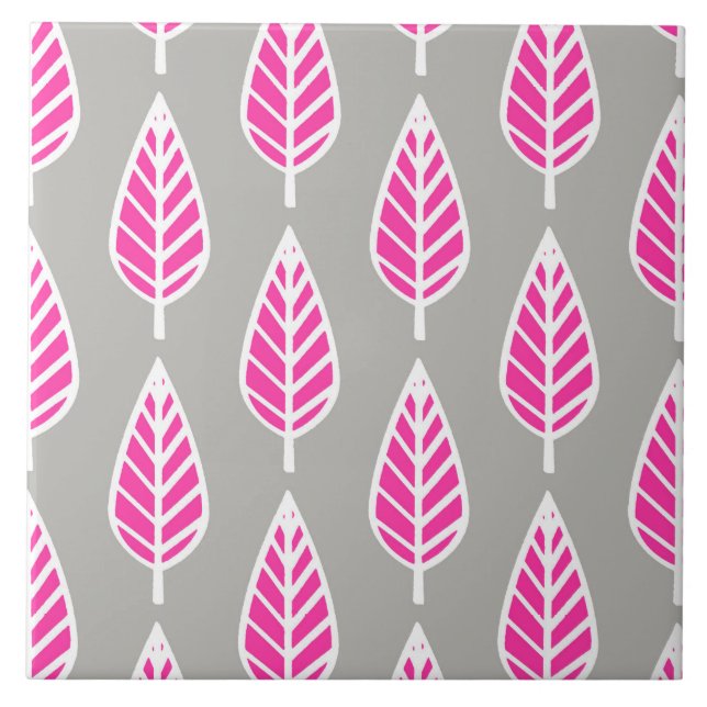 Azulejo De Cerámica Patrón de hoja de caldo: rosa y plata de fucsia (Frente)