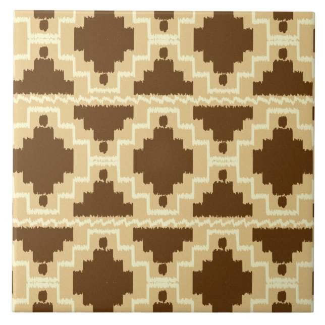 Azulejo De Cerámica Patrón de Ikat Aztec - Tan, marrón y crema (Frente)
