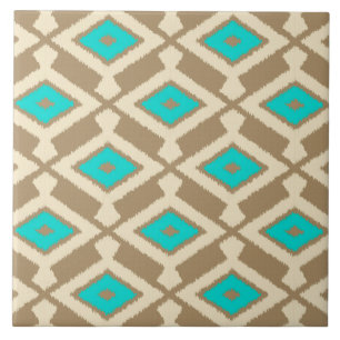Azulejo De Cerámica Patrón de Ikat - Turquesa, Taupe y Beige