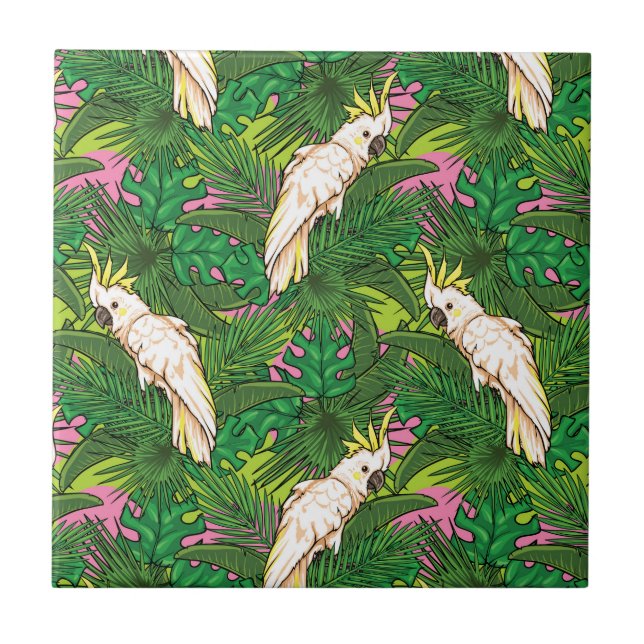 Azulejo De Cerámica Patrón de loro con hojas de palma (Frente)