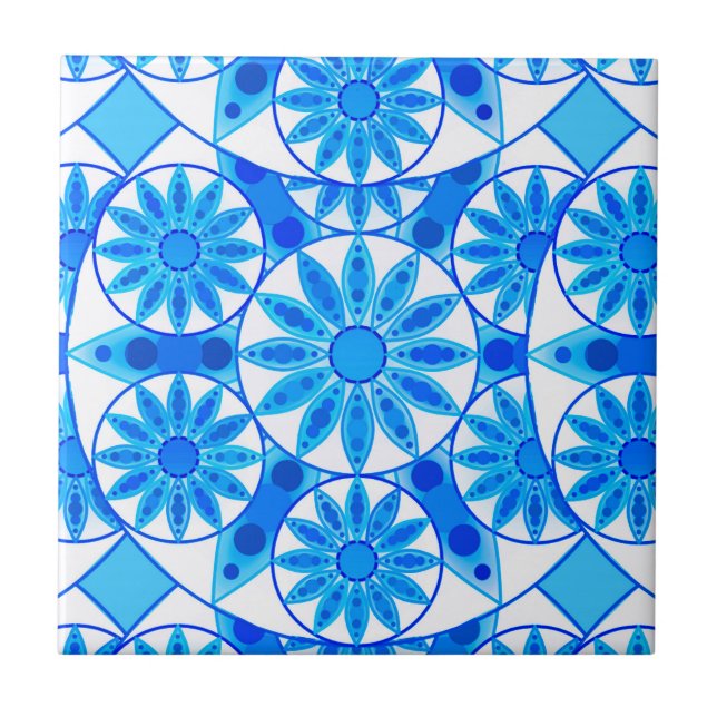 Azulejo De Cerámica Patrón de Mandala, cobalto, turquesa y blanco (Frente)