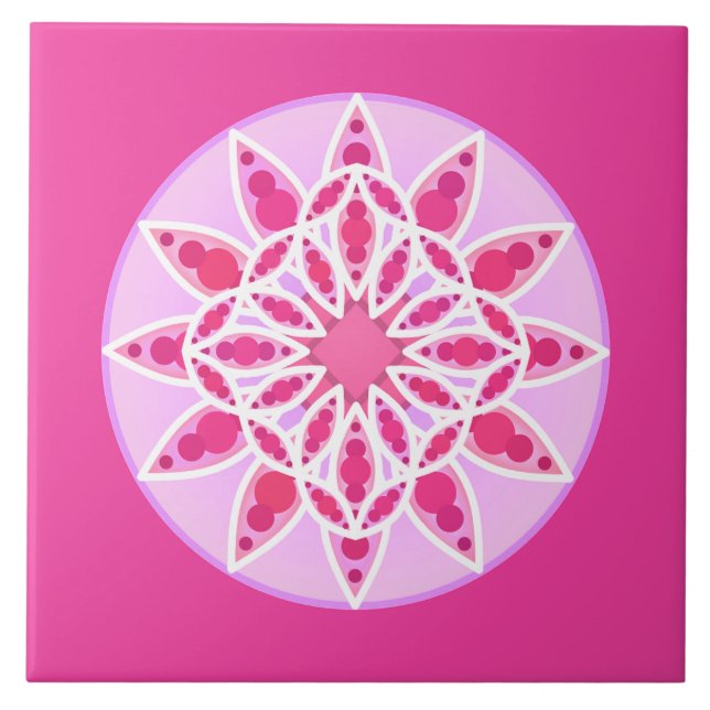 Azulejo De Cerámica Patrón de Mandala en fucsia rosa y blanco (Frente)