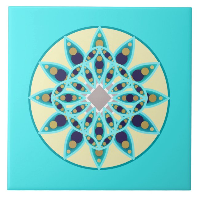 Azulejo De Cerámica Patrón de Mandala en turquesa, crema y marina (Frente)