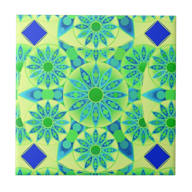Azulejo De Cerámica Patrón de Mandala, turquesa, azul, verde tilo (Frente)