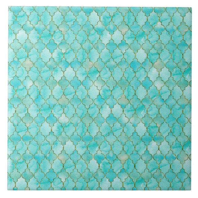 Azulejo De Cerámica Patrón de oro y marocán Aqua (Frente)