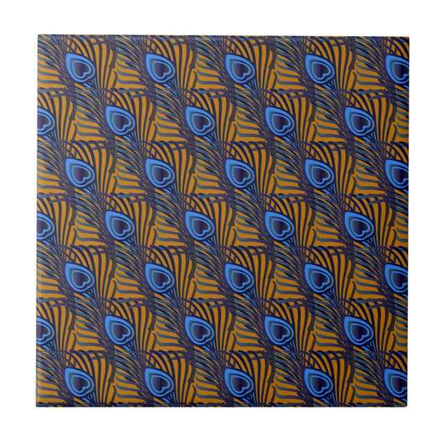 Azulejo De Cerámica Patrón de plumas de pavo real azul y naranja (Frente)