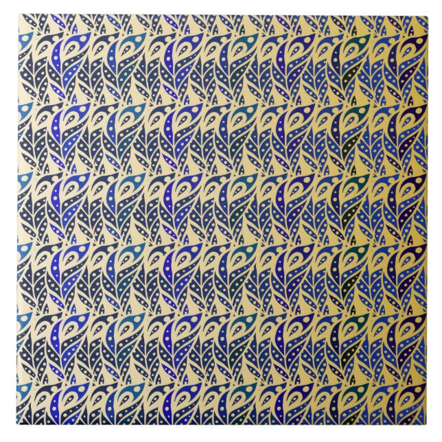 Azulejo De Cerámica Patrón de plumas de pavo real azul y oro (Frente)