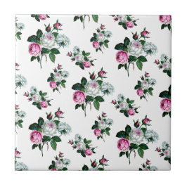 Azulejo De Cerámica Patrón de rosas blancas rosadas chic de Shabby