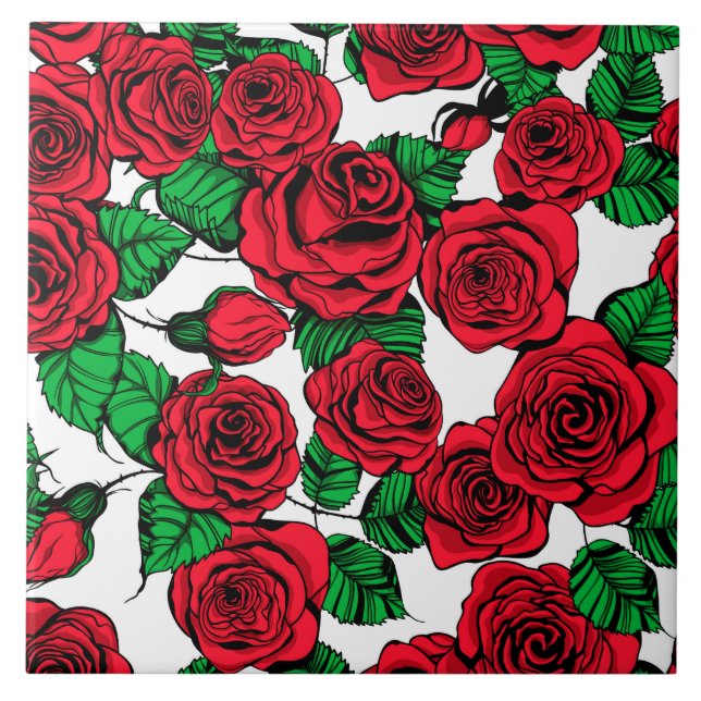 Azulejo De Cerámica Patrón de rosas rojas (Frente)