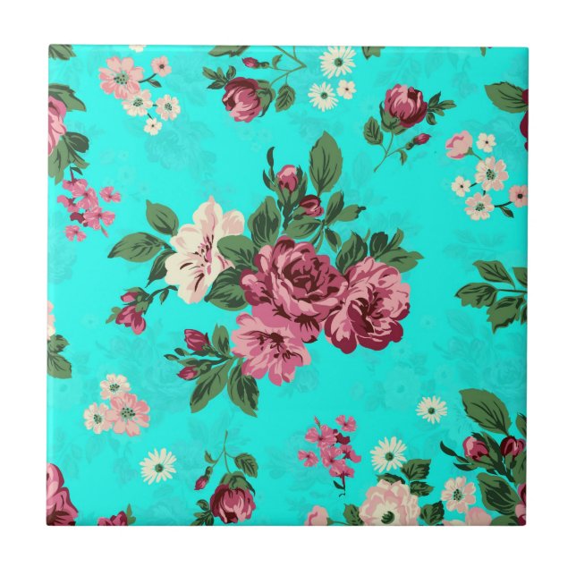 Azulejo De Cerámica Patrón de rosas rojas y mareas blancas (Frente)