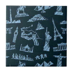 Azulejo De Cerámica Patrón De Viajes En Blues