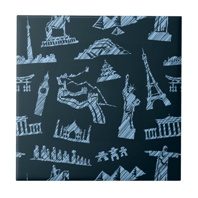 Azulejo De Cerámica Patrón De Viajes En Blues (Frente)