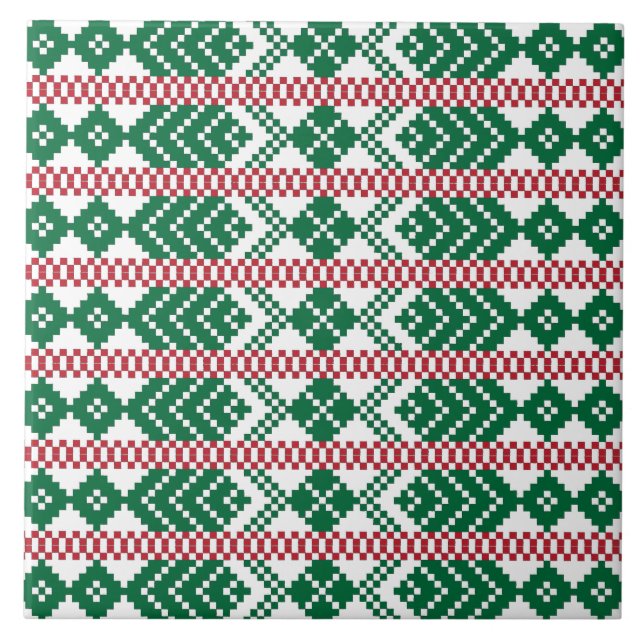 Azulejo De Cerámica Patrón étnico letón verde y rojo tribal (Frente)