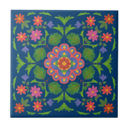 Azulejo De Cerámica Patrón floral de Rangoli en mosaico cerámico azul