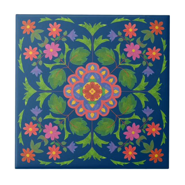 Azulejo De Cerámica Patrón floral de Rangoli en mosaico cerámico azul (Frente)