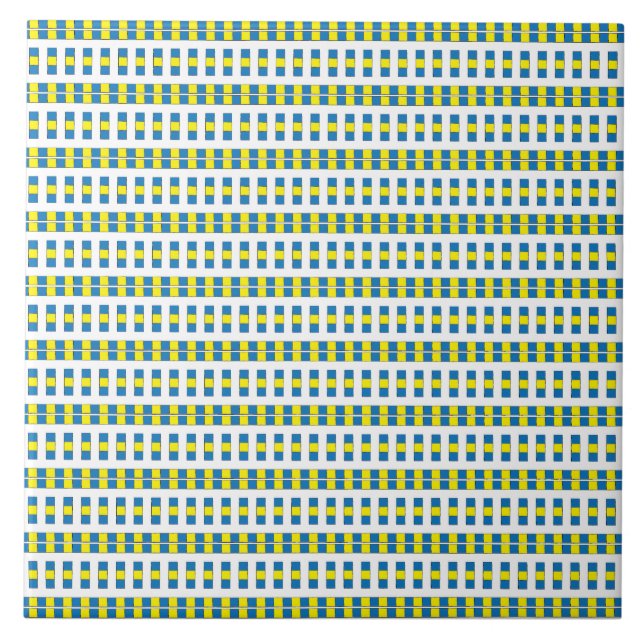 Azulejo De Cerámica Patrón geométrico tribal azul, amarillo y blanco (Frente)