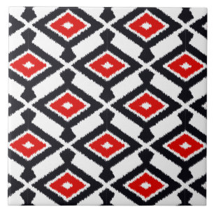 Azulejo De Cerámica Patrón Ikat - rojo oscuro, negro y blanco
