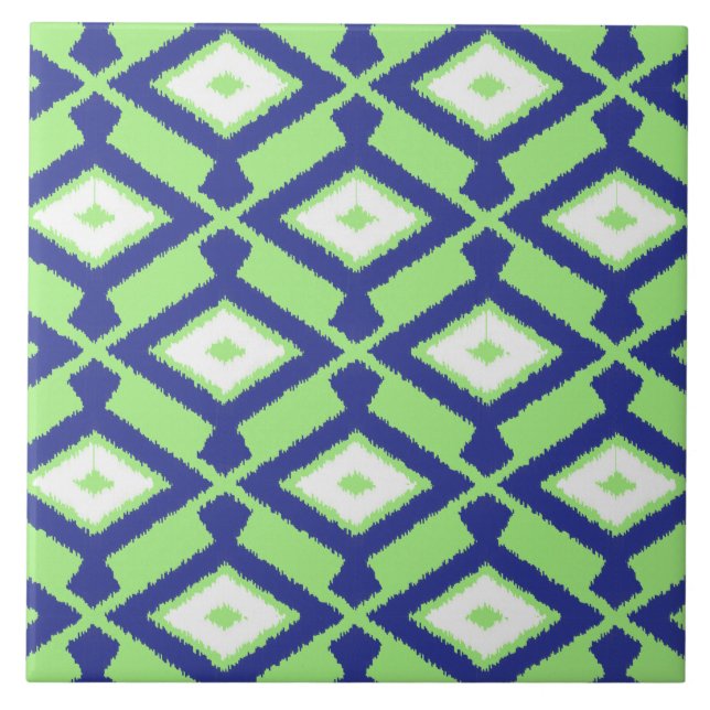 Azulejo De Cerámica Patrón Ikat - Verde, Azul índigo y Blanco (Frente)