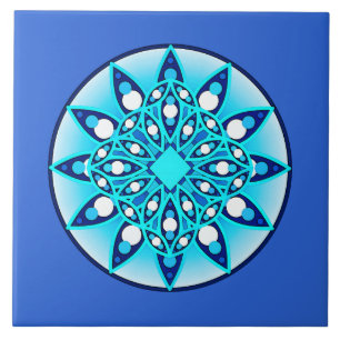 Azulejo De Cerámica Patrón Mandala, turquesa, azul cobalto y blanco
