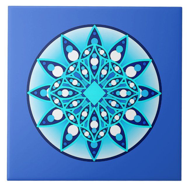 Azulejo De Cerámica Patrón Mandala, turquesa, azul cobalto y blanco (Frente)