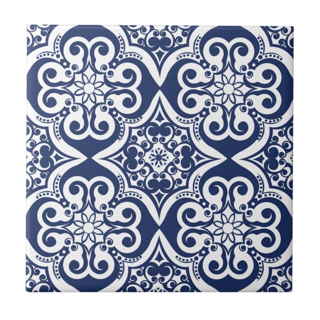 Azulejo De Cerámica Patrón marroquí azul y blanco (Frente)