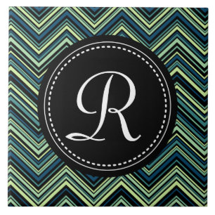 Azulejo De Cerámica Patrón Monogramado Azul Negro Tribal Chevron