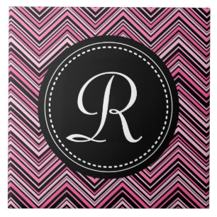 Azulejo De Cerámica Patrón Monogramado De Chevron Tribal Negro Rosa