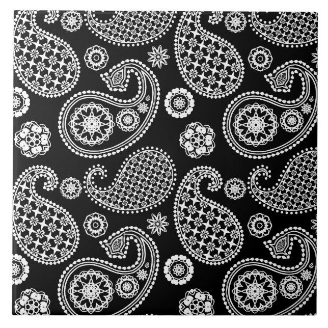 Azulejo De Cerámica Patrón paisley, negro y blanco (Frente)
