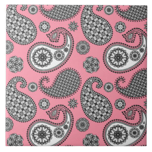 Azulejo De Cerámica Patrón paisley, tonos grises sobre rosa