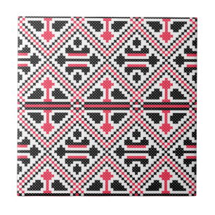 Azulejo De Cerámica Patrón Retro de punto de cruz Rojo y Negro