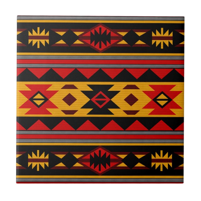 Azulejo De Cerámica Patrón tribal de oro negro rojo de diseño del suro (Frente)