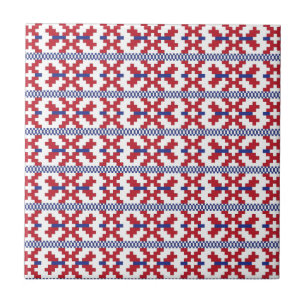 Azulejo De Cerámica Patrón tribal geométrico rojo, azul y blanco