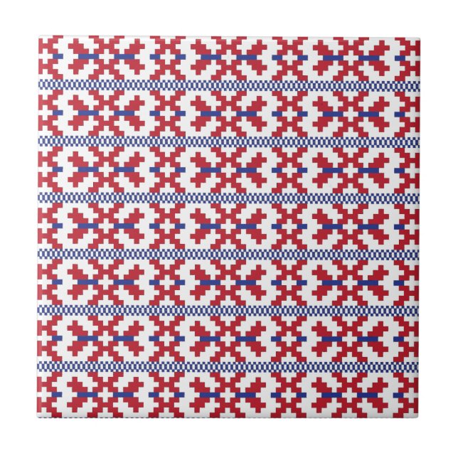 Azulejo De Cerámica Patrón tribal geométrico rojo, azul y blanco (Frente)