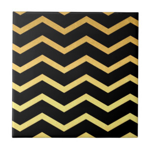 Azulejo De Cerámica Patrón Zag Oro y Zig Negro