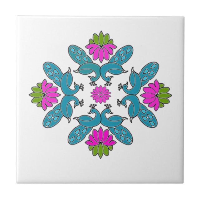 Azulejo De Cerámica Pavo real Lotus Rangoli (Frente)