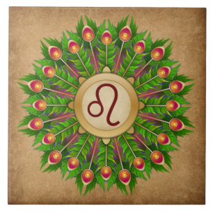 Azulejo De Cerámica Peacock Feather Wreath Zodiac Rótulo Leo