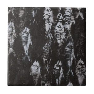 Azulejo De Cerámica Peces blancos fósiles en fondo negro