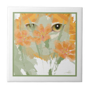 Azulejo De Cerámica Peeper de follaje para gato naranja