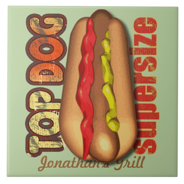 Azulejo De Cerámica Perrito caliente del perro superior personalizado (Frente)