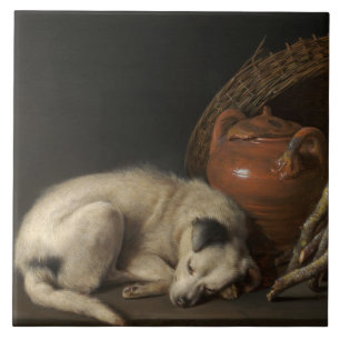 Azulejo De Cerámica Perro dormido vintage por Gerrit Dou