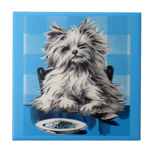 Azulejo De Cerámica perro flojo comiendo en la mesa