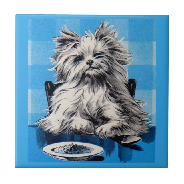 Azulejo De Cerámica perro flojo comiendo en la mesa (Frente)