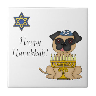 Azulejo De Cerámica Perro Hanukkah-Pug con Menorah
