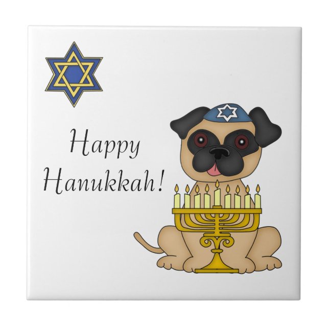 Azulejo De Cerámica Perro Hanukkah-Pug con Menorah (Frente)