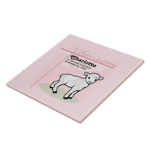 Azulejo De Cerámica Personalizable, Bautizo, Rosa, Niña, Cordero