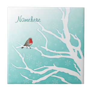 Azulejo De Cerámica Personalizable: Petirrojo en un árbol