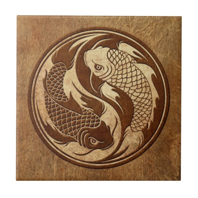 Azulejo De Cerámica Pescados envejecidos y llevados de Yin Yang Koi (Frente)