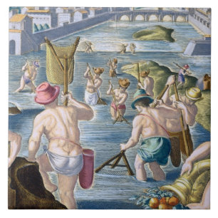Azulejo De Cerámica Pescando en aguas bajas usando redes, platee 96