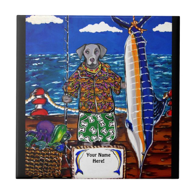 Azulejo De Cerámica Pescando Marlin Weimaraner (Frente)