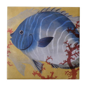 Azulejo De Cerámica Pez Azul Tropical Coral Marino Vintage Vida Oceáni